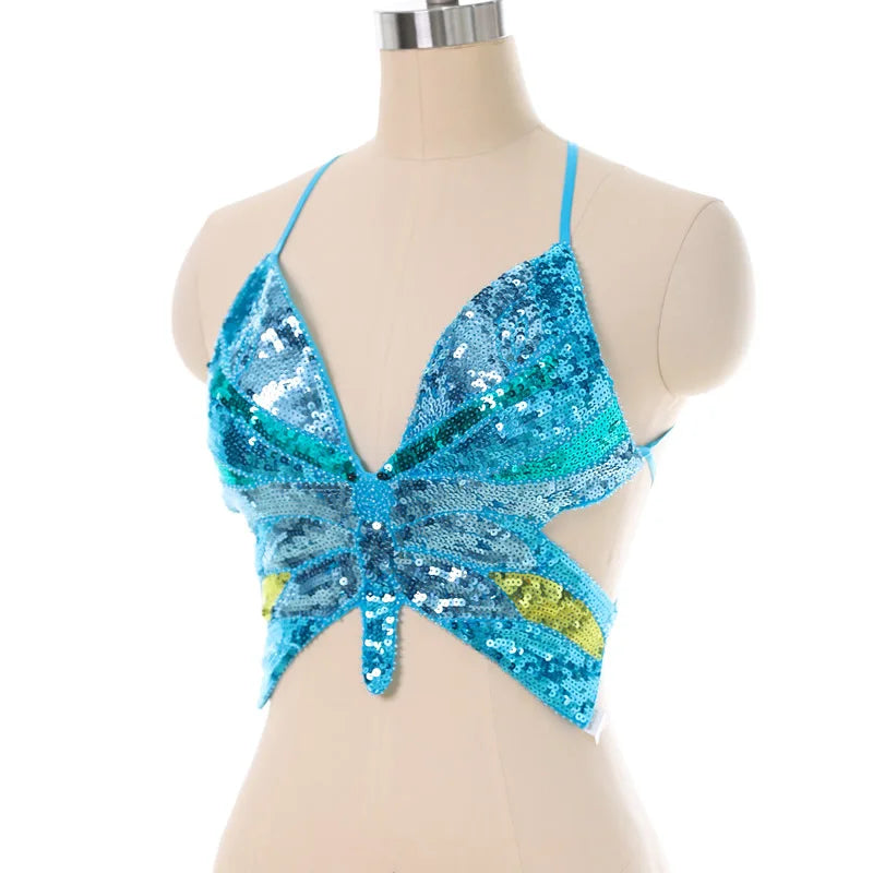 Beautiful Butterfly Sequin Backless Rave Top