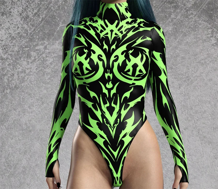 Cyber Punk Green High Cut Long Sleeve Bodysuit