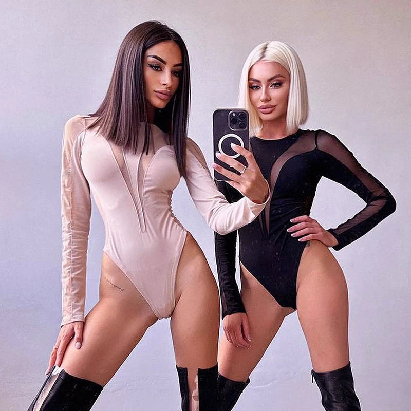 Black Sleek Mesh V Long Sleeve Bodysuit