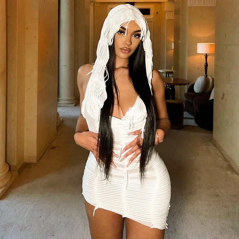 White Hooded Cascading Elegant  Rave Dress