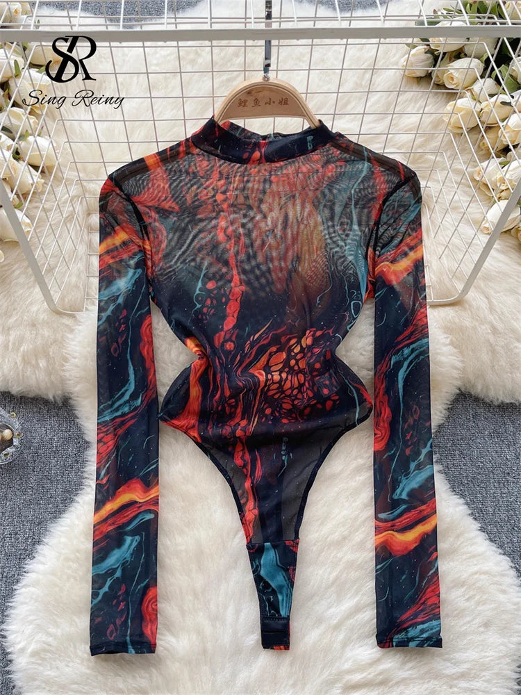 Tie Dye Print Mesh Long Sleeve Bodysuit