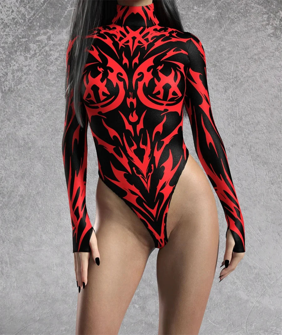 Cyber Punk Red High Cut Long Sleeve Bodysuit