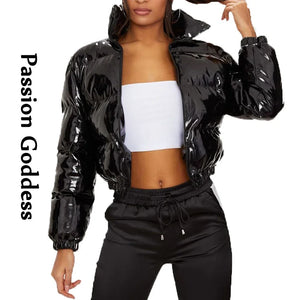 Cool Women Shiny Leather Down Jacket Black Pink PVC Short Bomber Puffer Jackets Bright PU Cropped Parkas Down Bubble Coats XXL