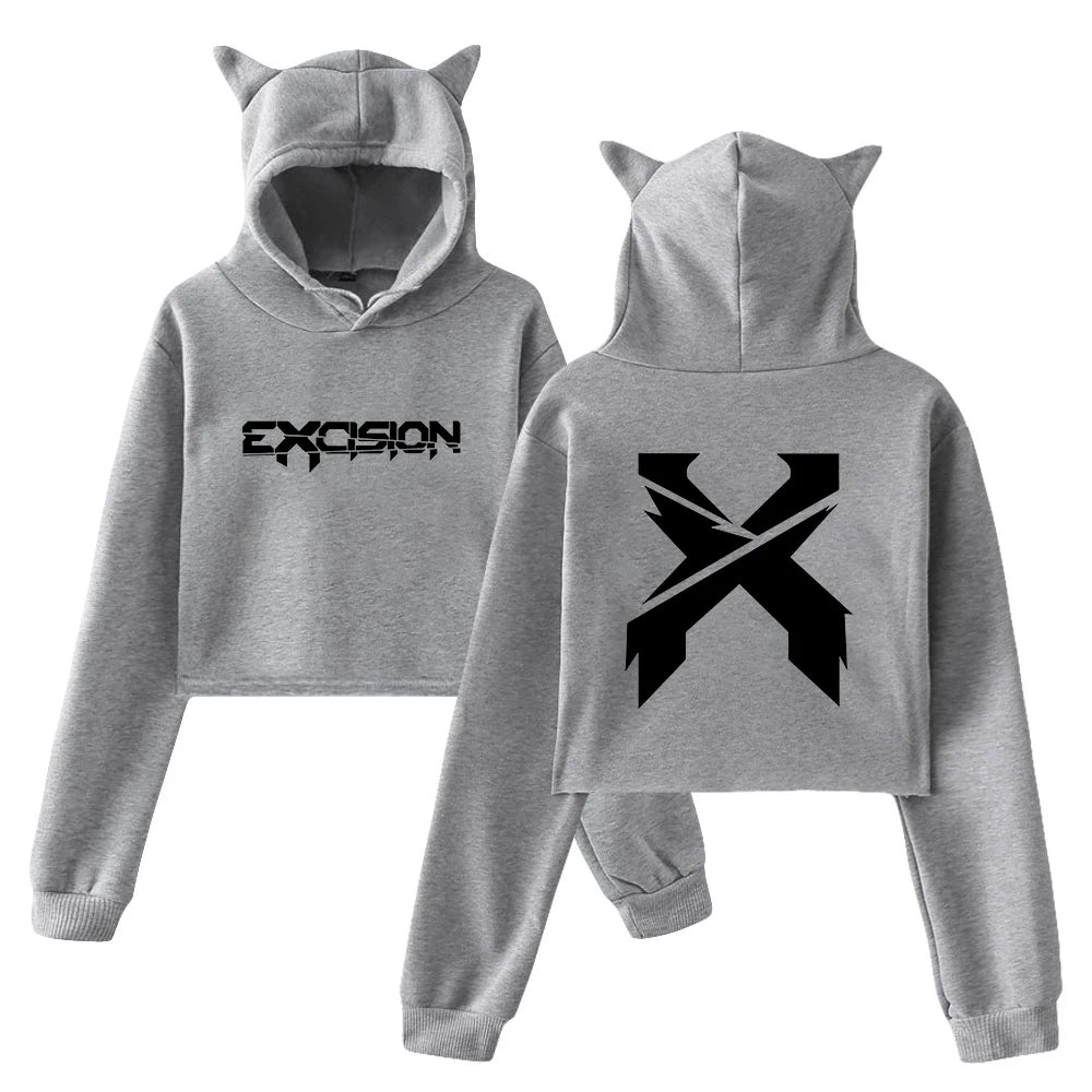 Excision Long Sleeve Crop Top Hoodie; With ears