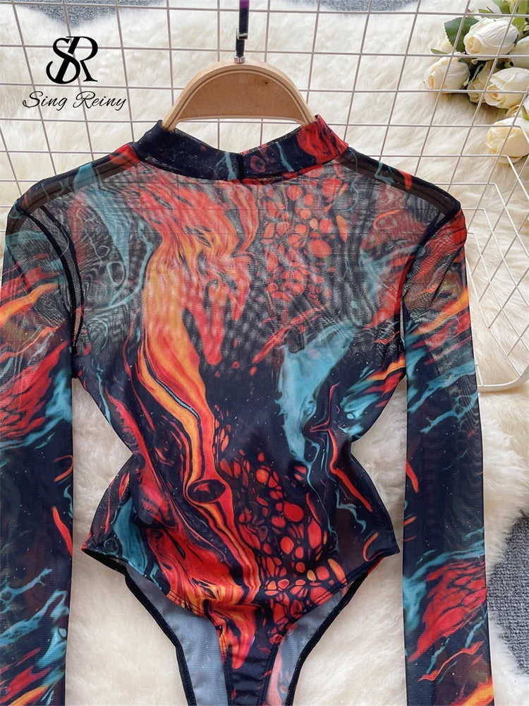 Tie Dye Print Mesh Long Sleeve Bodysuit