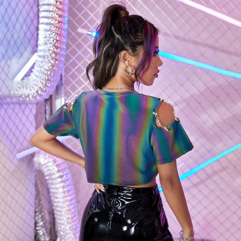 Chain Off Shoulder Reflective Crop Top