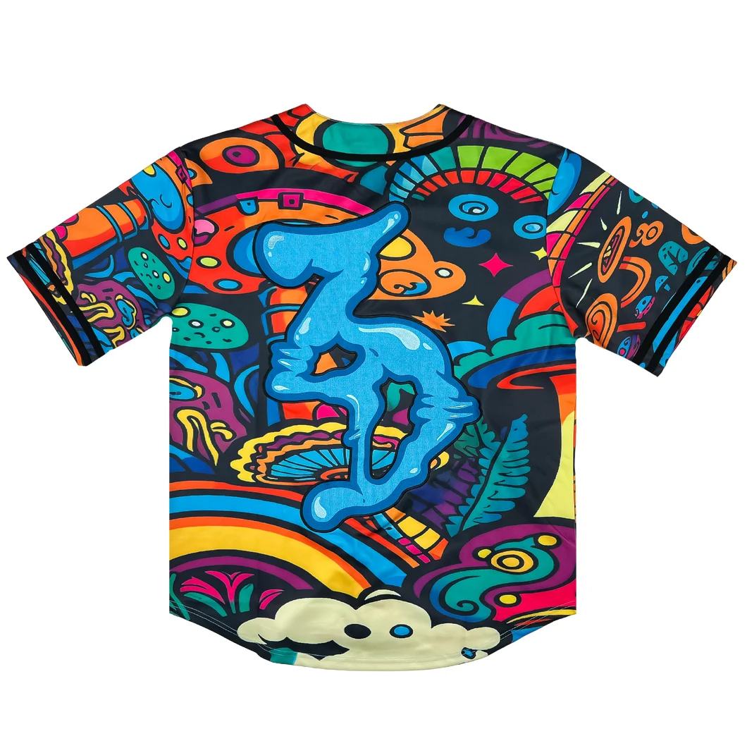 Colorful Zeds Dead Rave Jersey featuring bold, vibrant patterns; perfect for festival-goers seeking eye-catching style and comfort