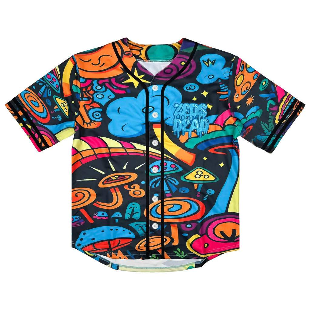 Colorful Zeds Dead Rave Jersey featuring bold, vibrant patterns; perfect for festival-goers seeking eye-catching style and comfort